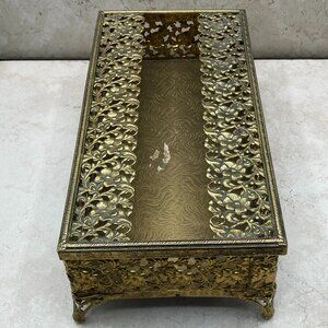 Vintage Gold Toned Filigree Tissue Box Holder Glam Hollywood Regency Rare Footed
